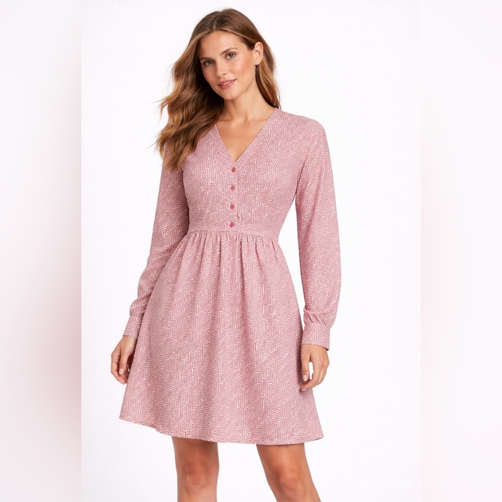 Maison Jules Dusty Rose Long-Sleeve V-Neck Button Dress - Picture 1 of 6